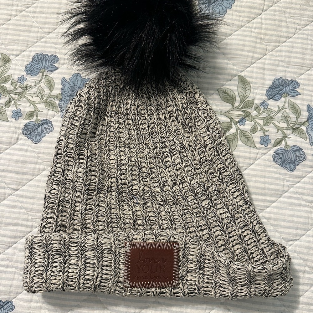 Black and White Knit Beanie with Pom Pom